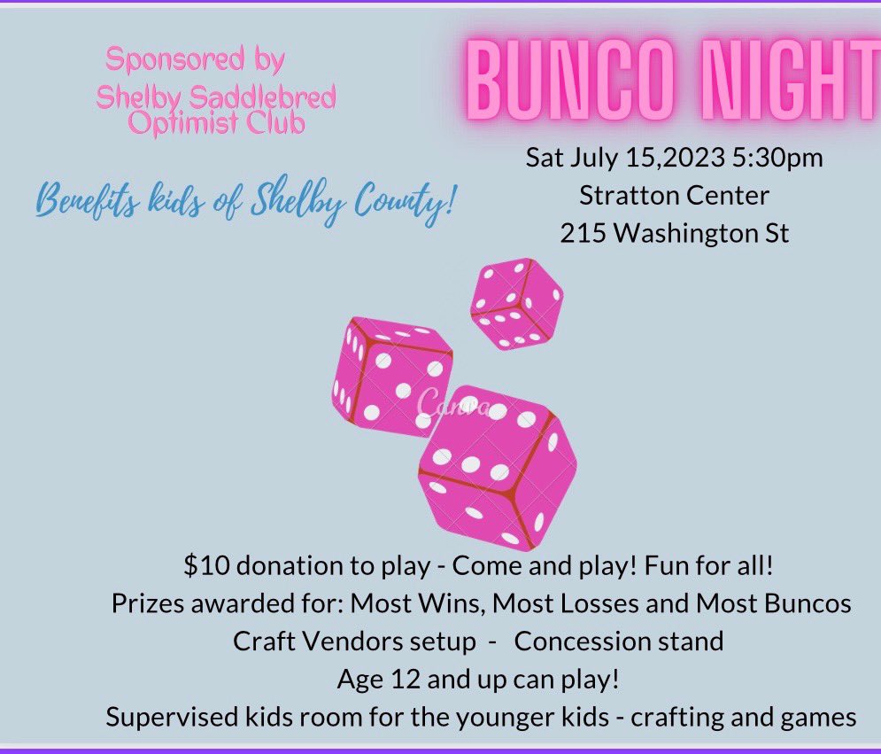 NaomiCThompson's tweet photo. 📢 Exciting Announcement! 🎉

Join us for a fun-filled evening at the Shelby Saddlebred Optimist Club’s Bunco Night! 🎲🌟 Not only will you have a blast playing this thrilling dice game, but you’ll also be making a difference in the lives of children in Shelby County. 🙌🏽💙 https://t.co/wwUlhHvdaU