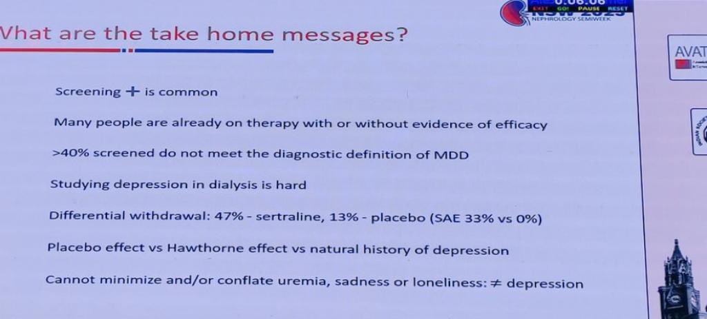 😔☹️Depression in ESKD

@SkepticalTweetR #NSW2023 

➡️Common in ESKD-Under recognised

🔥Sadness not same as depression
 ✅Diagnose depression➡️DSM V 

💊-SSRI DOC
MAOI/TCA accumulate in ESKD-C/I❌
⚠️QTc prolong 

✅CBT/laughter therapy/exercise/music🎸👍