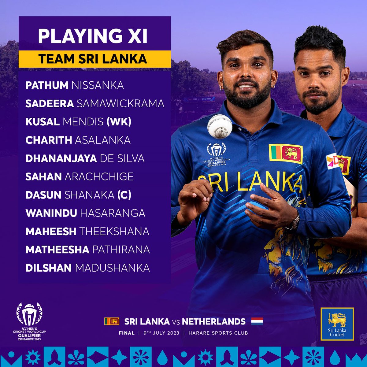 Sri Lanka playing XI for the finals of #CWC23 qualifier 👀👇

#SLvNED #ReadyToRoar