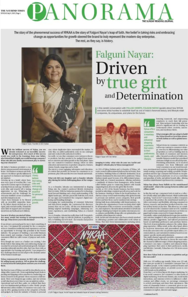 bibidempo's tweet photo. Loved my conversation with Falguni Nayar, Founder and CEO of Nykaa. She's driven by grit and determination, and is an inspiration for many. Do read today's Panorama in The Navhind Times for her phenomenal story of success. 
@MyNykaa #Nykaa https://t.co/7IZkkQ0yby