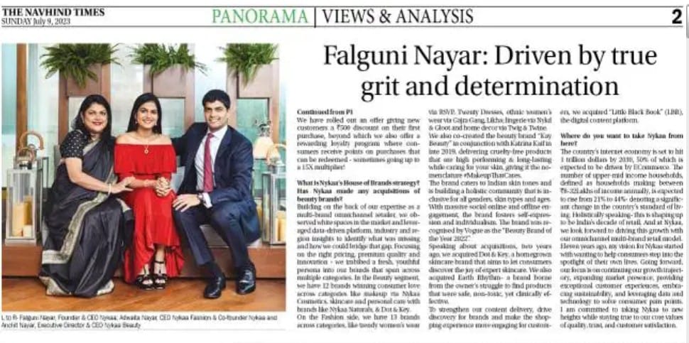 bibidempo's tweet photo. Loved my conversation with Falguni Nayar, Founder and CEO of Nykaa. She's driven by grit and determination, and is an inspiration for many. Do read today's Panorama in The Navhind Times for her phenomenal story of success. 
@MyNykaa #Nykaa https://t.co/7IZkkQ0yby