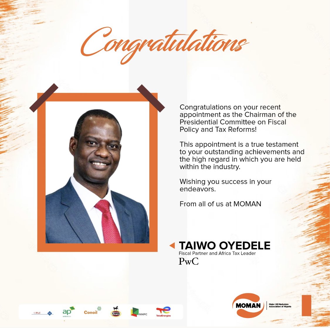meman_info's tweet image. Congratulations @taiwoyedele on your recent appointment as the Chairman of the Presidential Committee on Fiscal Policy and Tax Reforms!

Wishing you success in your endeavors. 
From all of us at MOMAN