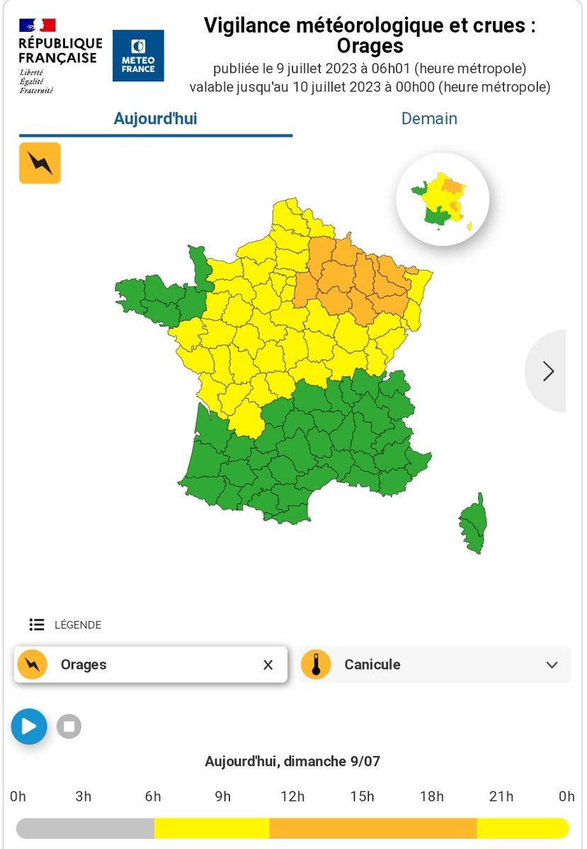 meteofrance's tweet photo. ⚠️  #Dimanche 09/07 ⤵️

🟠🌡️#Vigilanceorange #canicule
4 dép. 
Episode caniculaire, surtout marqué sur Centre-Est et Alpes-Maritimes. 

🟠 ⛈️ #VigilanceOrange #orages
10 dép. 
Episode orageux du S.O au N.E, surtout marqué l'après-midi sur nord-est. 

👉 https://t.co/w5OGXbEEhP https://t.co/5lSs690a3k