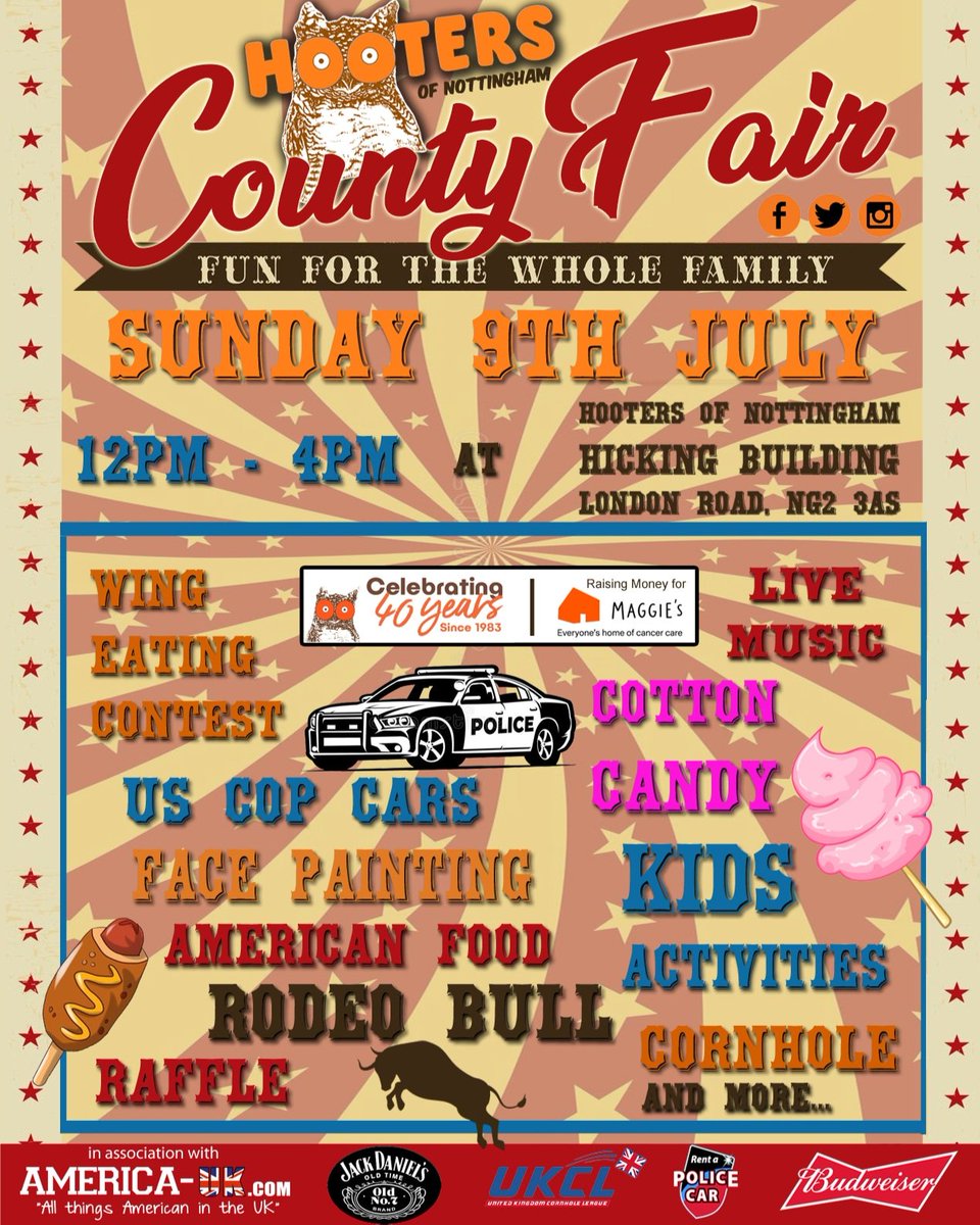 IgnitionMark's tweet photo. 🇺🇲 TODAY IS THE DAY! 🇺🇲 See y'all @Hootersnotts from midday for a FREE family fun day filled with American themed activities! Raising money for the Maggie's Cancer Charity 🤠🌭🚓🐂🍔👢🍗🍻 https://t.co/zfpf08Swc0