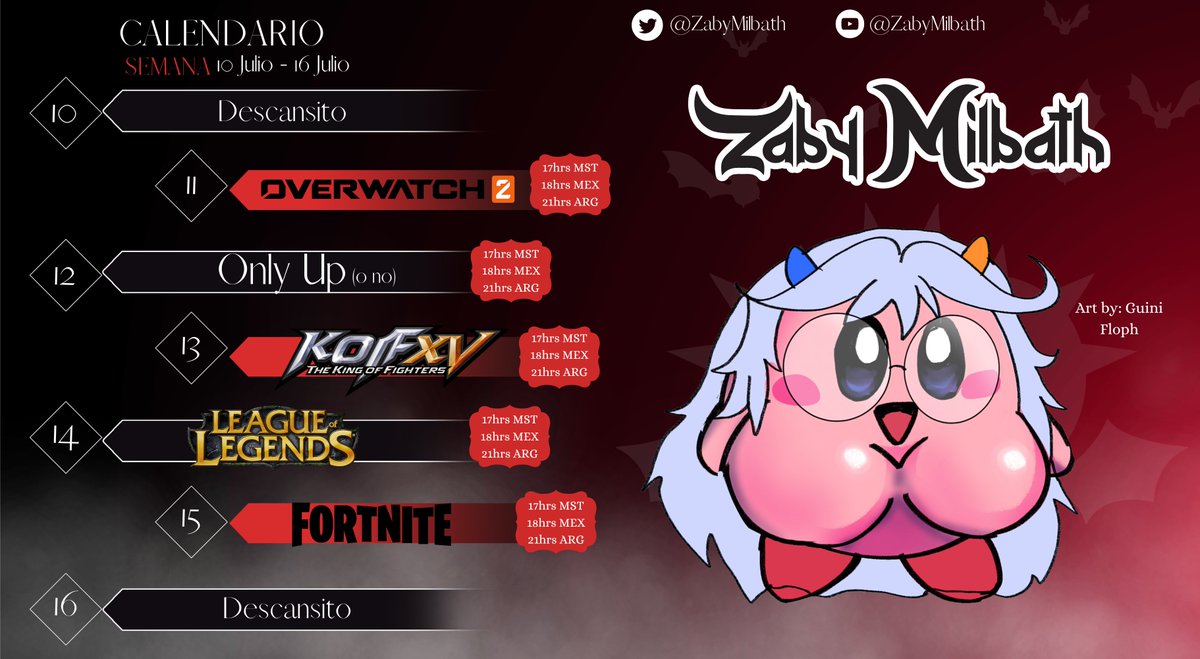 ZabyMilbath's tweet photo. 👑Calendario de la semana👑
                  |10 Jul - 16 Jul|

🔴Solo por YouTube: https://t.co/d7tVIsBBXO 

TAGS👑:
💓General: #Zaby
👑Live: #Zabylive
💓Art: #Rulezaby
👑Memes: #Lactomemes

|El horario está sujeto a cambios| 
Art by: @/OFloph 🧡🐹👮‍♀️
#Vtubers #schedule https://t.co/4bNbBJQf3E