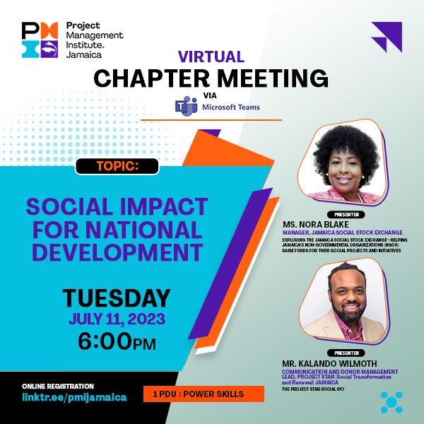 PMIJamaica's tweet image. Please join us at the next Chapter meeting on Tuesday July 11, 2023, at 6:00p.m. where we will discuss Social Impact for National Development.

1 PDU - Power Skills
Click the link to join - bit.ly/PMIJaChapMtgJu…

#PMIJamaica #ProjectManagement #JSSE #socialimpact
