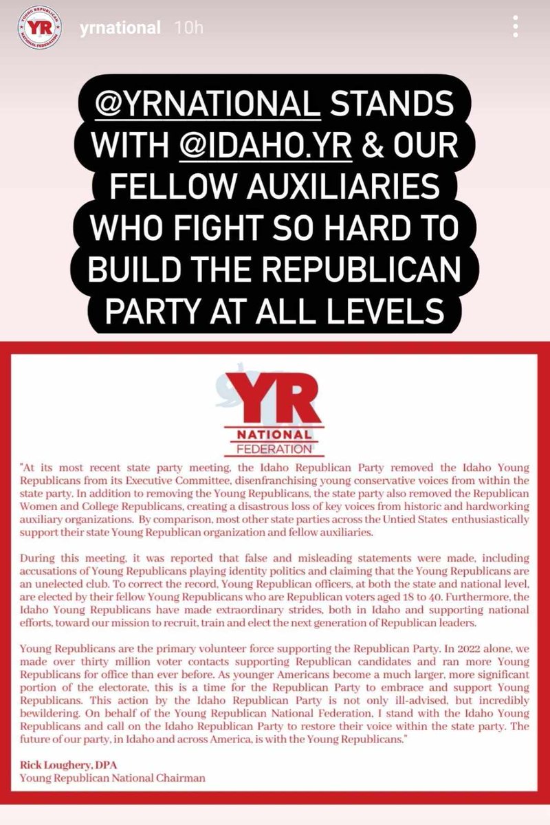 RepublicanRR's tweet photo. What a shame the Idaho GOP doesn't see the value in @yrnf , @CRRWU or @NFRW ... just remember the current state party is not a reflection of MOST Republicans in Idaho. Most still stand with you. https://t.co/o5bH6K7DX7