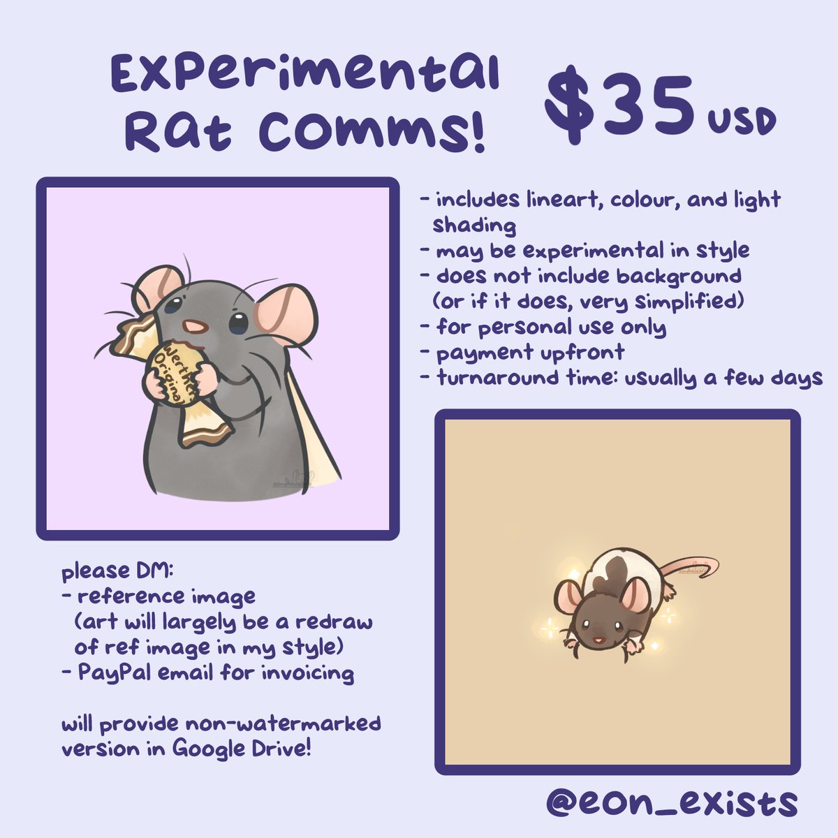opening up experimental rat comms!

they're $35 per rat, a tad more affordable than my regular comms in exchange for giving me more freedom in style and artistic choice, as well as an opportunity to practice with ref images c:

RTs super appreciated!! 🐀❤️