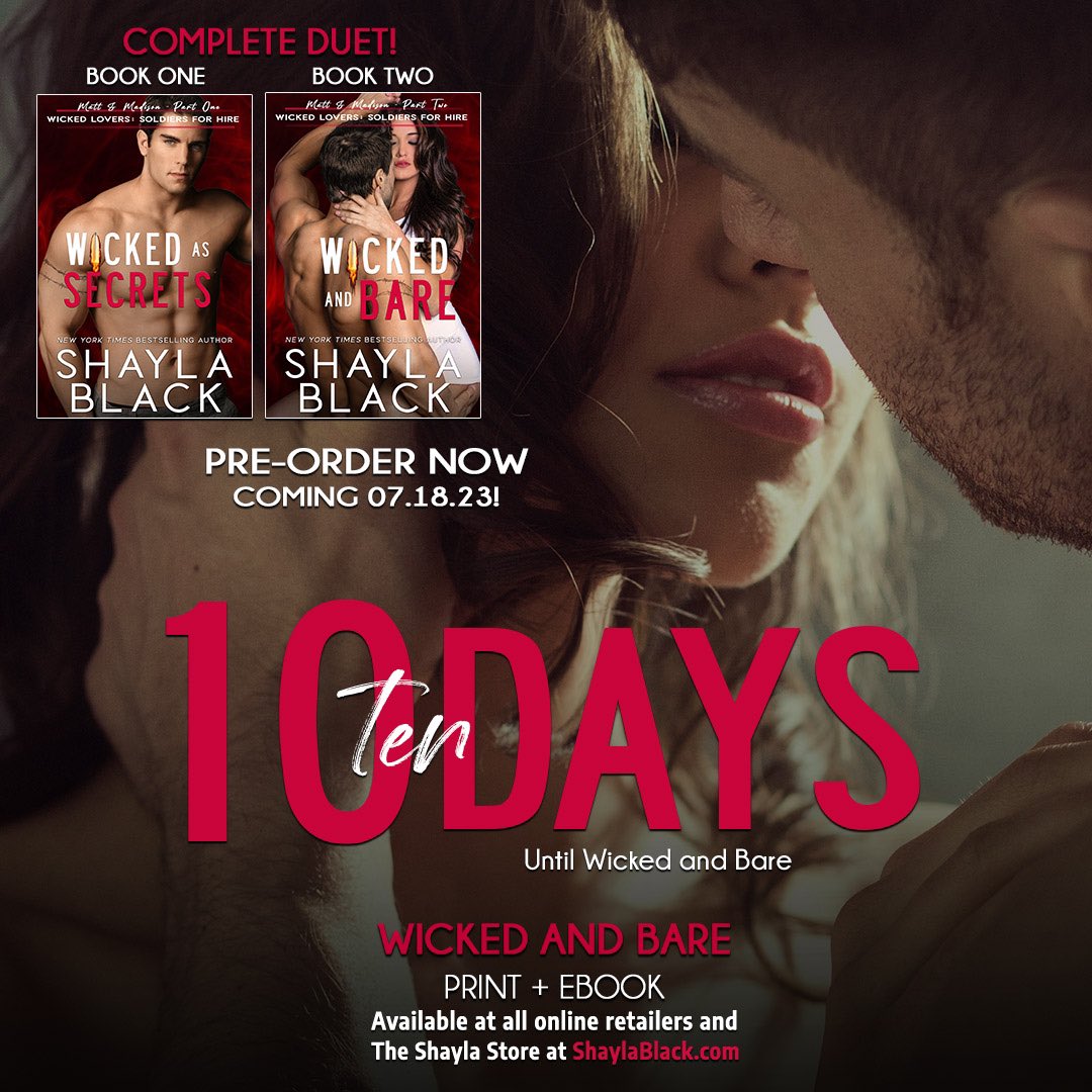 WICKED AND BARE is coming in 10 days! It’s a nonstop thrill ride of danger, suspense, &amp; super-hot spice,! Trust me, you don’t want to miss this sizzling conclusion!
 
He'd give his life to protect her…but he’ll demand everything from her in return.
 
shayla.link/wickedandbare
