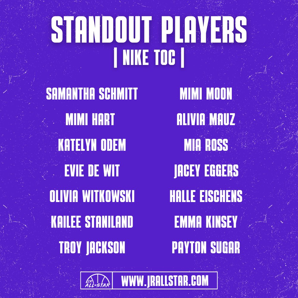 JrAllStarBB's tweet photo. 𝗦𝗧𝗔𝗡𝗗𝗢𝗨𝗧 𝗣𝗟𝗔𝗬𝗘𝗥𝗦

Check out the players who caught our eye at Nike TOC! 👀

@SamSchmitt_34 @mimihart_11 @KatelynOdem @livwitkowski @kailee32589452 @livmauz3 @Twin_Mia2024 @HalleEischens @BalboaHills1 @HoopsSagebrush @MinnStarksGirls @FOHSeattle @LadyRunnin @SASwishHoops @swpremieryouth @WI_Blizzard @LVStormNational @academy_chapman @WiFlightElite @TXElite2024