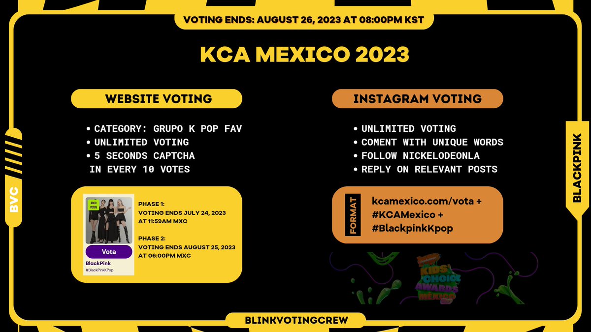 📌 [ KCA MEXICO ‘23 | Phase 1 ]

📣 CALLING BLINKs AROUND THE WORLD TO VOTE FOR THE PINKS HERE!👇🏻

→kcamexico.com/vota/#/grupo-k…
#BLACKPINK #블랙핑크 <a href="/BLACKPINK/">BLACKPINKOFFICIAL</a>