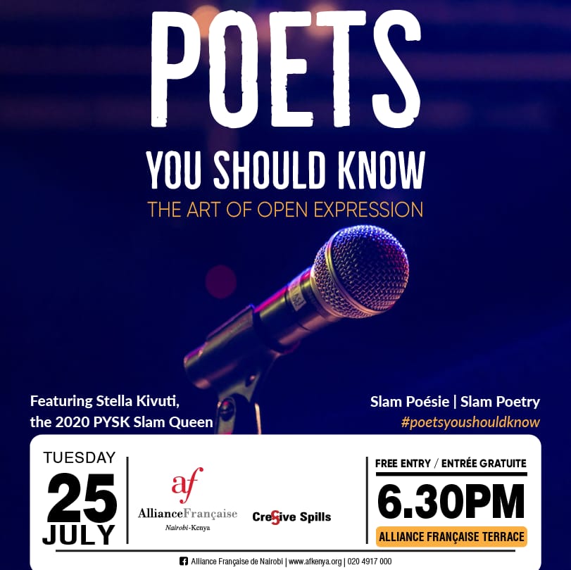 cre8ivespills's tweet photo. #PoetsYouShouldKnow July edition will feature @stellakivuti the 2020 PYSK Slam Queen!! 

RSVP on the link below
Open Mic session registration will be happening on the day of event #AllianceFrancaise

https://t.co/MEokHhkr32

#poetsyoushouldknow #poetry #spokenword https://t.co/b7ag49u9Le
