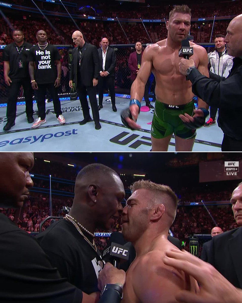espn's tweet image. Adesanya and Du Plessis got HEATED in the Octagon at #UFC290 😳