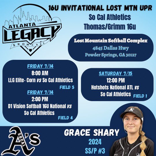 Grace Shary (@grace_shary2024) on Twitter photo Game schedule for the Atlanta Legacy Showcase <a href="/FPUSoftball_/">FPU Softball</a> <a href="/SCAThomasGrimm/">ZT Sting Thomas/Grimm</a> <a href="/McNeeseSoftball/">McNeese Softball</a> <a href="/GSAthletics_SB/">Georgia Southern Softball</a> <a href="/TowsonSoftball/">Towson Softball</a> <a href="/BartonSoftball/">Barton Softball</a> <a href="/DelStSB/">Delaware State SB</a> Game schedule for the Atlanta Legacy Showcase <a href="/FPUSoftball_/">FPU Softball</a> <a href="/SCAThomasGrimm/">ZT Sting Thomas/Grimm</a> <a href="/McNeeseSoftball/">McNeese Softball</a> <a href="/GSAthletics_SB/">Georgia Southern Softball</a> <a href="/TowsonSoftball/">Towson Softball</a> <a href="/BartonSoftball/">Barton Softball</a> <a href="/DelStSB/">Delaware State SB</a>