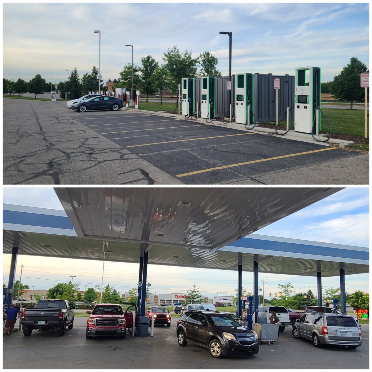 1/2. The future is electric? North I-75 interchange on busy summer weekend. Meijer gas station,, cars/trucks /trailers 2-3 deep waiting for fuel. At Meijer Tesla/EA chargers ...11 of 13 bays are open. Gaylord, MI https://t.co/r3Atebsbcf