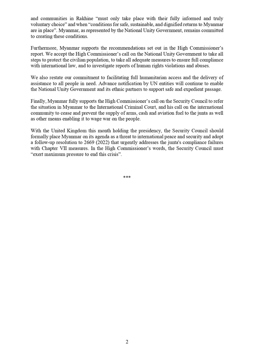 #Myanmar, democratically represented by the National Unity Government of Myanmar #NUG, welcomes and expresses its deep appreciation for the interactive dialogue held on the grave human rights crisis in Myanmar with the #UN High Commissioner for Human Rights and the #UN Special