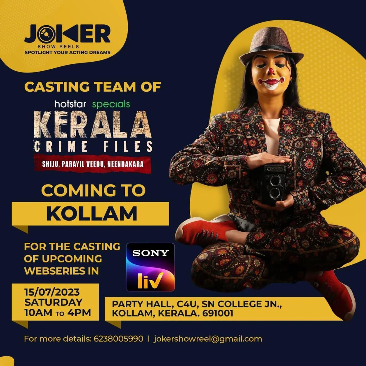 Casting Call 🎭 Web Series

Looking for Male & Female actors. Check poster for more details! 

#arh #auditionsarehere #castingcall #webseries #maleactor #femaleactress #malayalam #sonyliv #sonylivoriginals #kollam #femaleactress