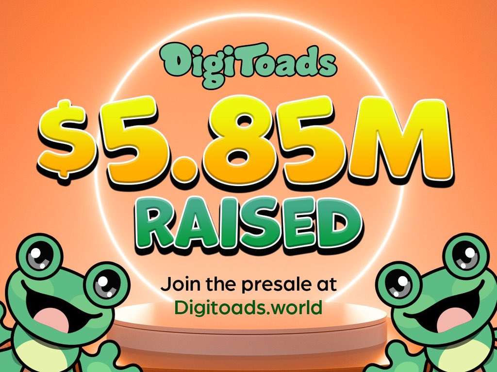 DigitoadworldOT's tweet image. 📢💰 Big news, DigiToads community! 

We are thrilled to announce that our presale has raised over $5.85 million and counting!

Thank you for your incredible support and belief in the DigiToads project. 

Let's keep the momentum going! 🐸💪

#Digtoads