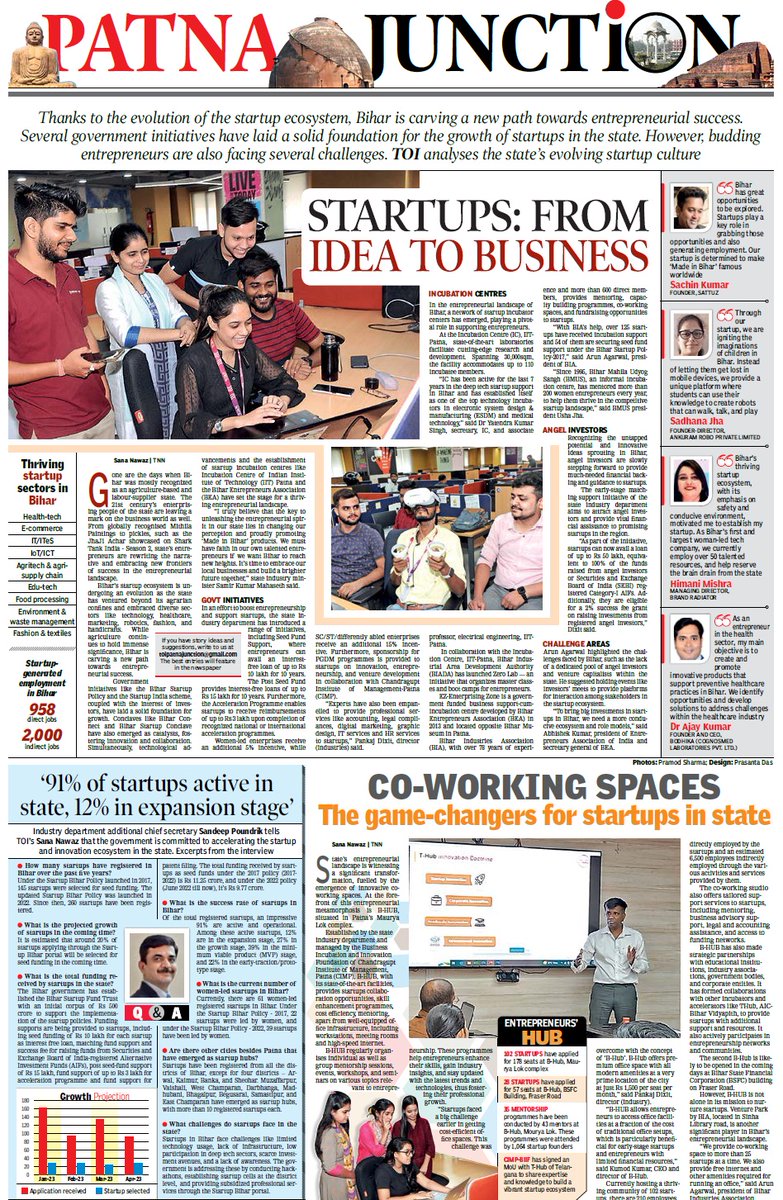 TOIPatna's tweet photo. PATNA JUNCTION:
Thanks to the evolution of the startup ecosystem, Bihar is carving a new path towards entrepreneurial success. Several government initiatives have laid a solid foundation for the growth of startups in the state. TOI analyses the state’s evolving startup culture https://t.co/awurnI8MLr