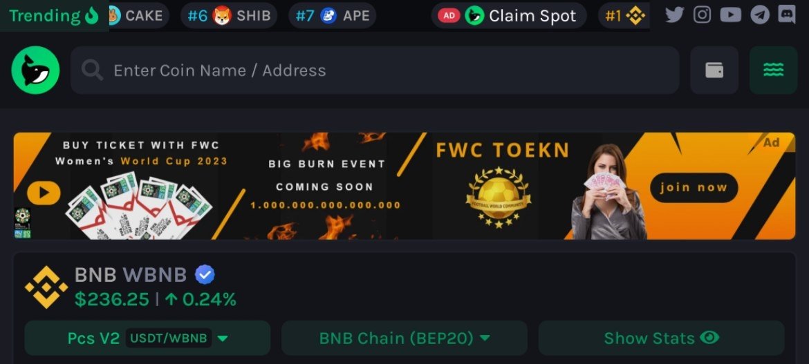 FWCOMMUNITY_Q2T's tweet photo. 🔴We are announcing FWC advertisement on Watcher Guru for community 

👑Buy Women's World Cup tickets with FWC 

🔥Big Burn Event 
Total: 1.000.000.000.000.000
✔️Step1: 500T - July 20
✔️Step2: 500T - August 20

🌐Link:
https://t.co/wXpSExjB3R

🟢 Search any coins and tokens and watch us

#bscscan #FWC
#cryptocurrency #Crypto
#Community #Binance
#watcherguru #promotion
#WorldCup #bnb #BSC
#FootballWorldCommunity