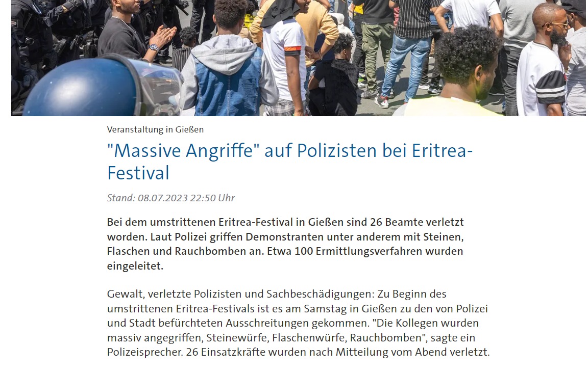 MathiasMarkert's tweet image. #Integation gescheitert. Deutsche Gesetze völlig egal!
Abgesehen davon, dass ich es als völlig überflüssig erachte, hier in Deutschland ein #EritreaFestival zu veranstalten bei dem es zu massiven Ausschreitungen der #Eritreer kam, weil wohl was in ihrem Heimatland nicht stimmt,