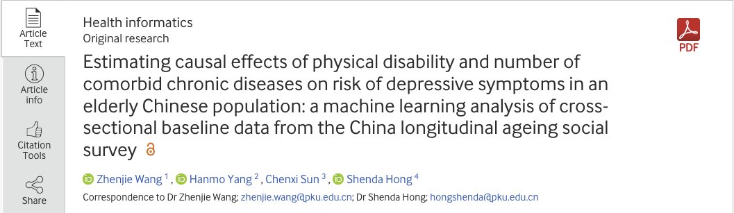 Hanmo Yang (@_hanmoyang_) on Twitter photo Using #MachineLearning analysis, our latest research with co-authors from <a href="/PKU1898/">Peking University</a>  published in <a href="/BMJ_Open/">BMJ_Open</a> dives into the causal effect of physical disability and chronic diseases on the risk of depressive symptoms among the Chinese elderly. 🧠💪🏼 bmjopen.bmj.com/content/13/7/e… Using #MachineLearning analysis, our latest research with co-authors from <a href="/PKU1898/">Peking University</a>  published in <a href="/BMJ_Open/">BMJ_Open</a> dives into the causal effect of physical disability and chronic diseases on the risk of depressive symptoms among the Chinese elderly. 🧠💪🏼 bmjopen.bmj.com/content/13/7/e…