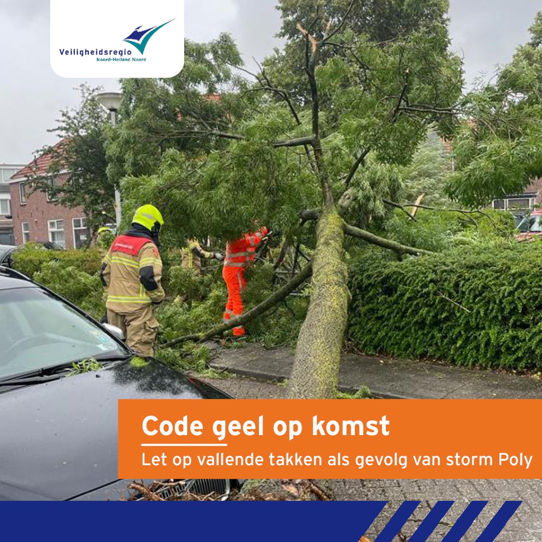 Vanmiddag vanaf 14.00 uur wordt code geel verwacht in onze regio, zie obi41.nl/ypumtvht Houd er rekening mee dat bomen verzwakt  zijn of loshangende takken hebben van #stormpoly. Bel alleen 112 bij levensbedreigende situaties. Zo houden we 112 beschikbaar voor noodgevallen.
