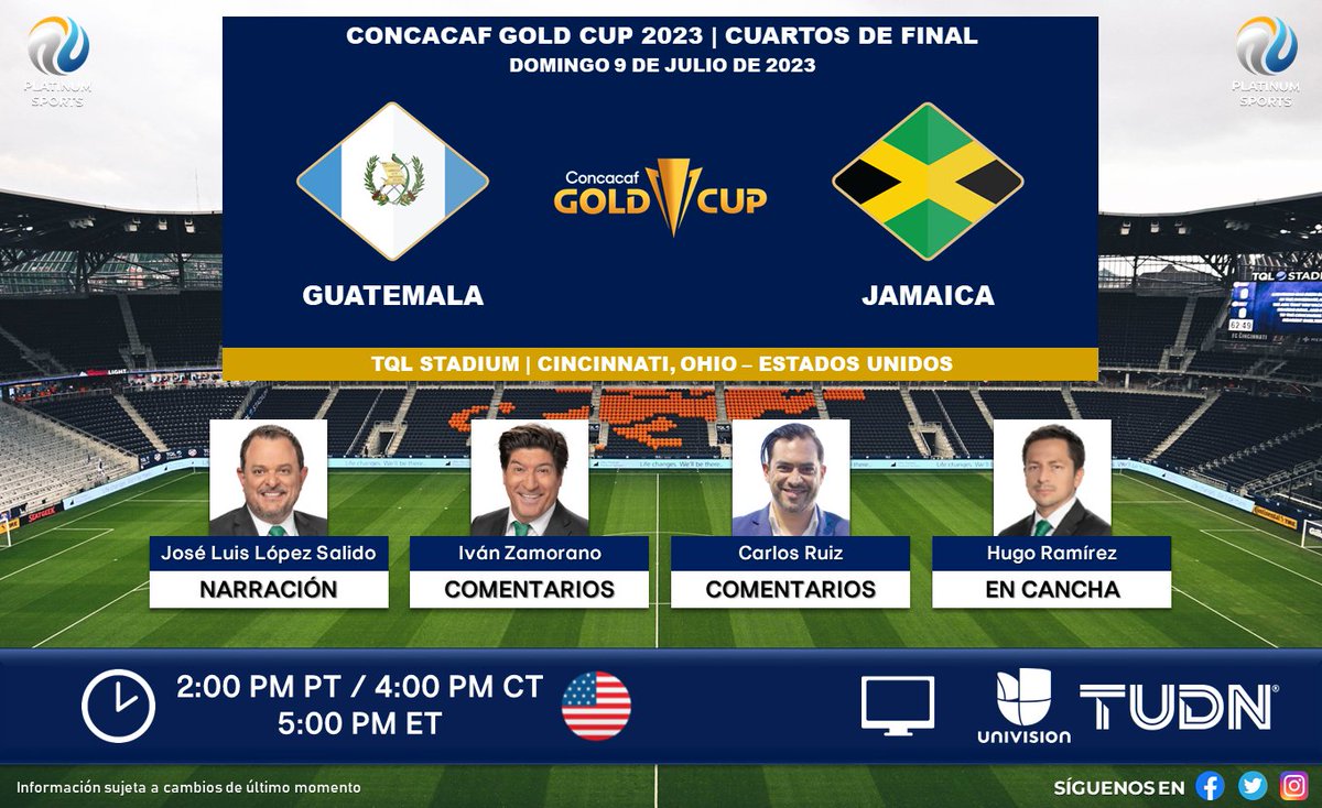 🏆 #GoldCup | 🇬🇹 #Guatemala vs. #Jamaica 🇯🇲
🇺🇸📺 @Univision / @TUDNUSA
🎙️ @jllopezsalido
🎙️ @bambam9oficial
🎙️ @FishCr20
🎙️📝 @elchefhugord

#CopaOroEnTUDN - #VeranoDeCampeones