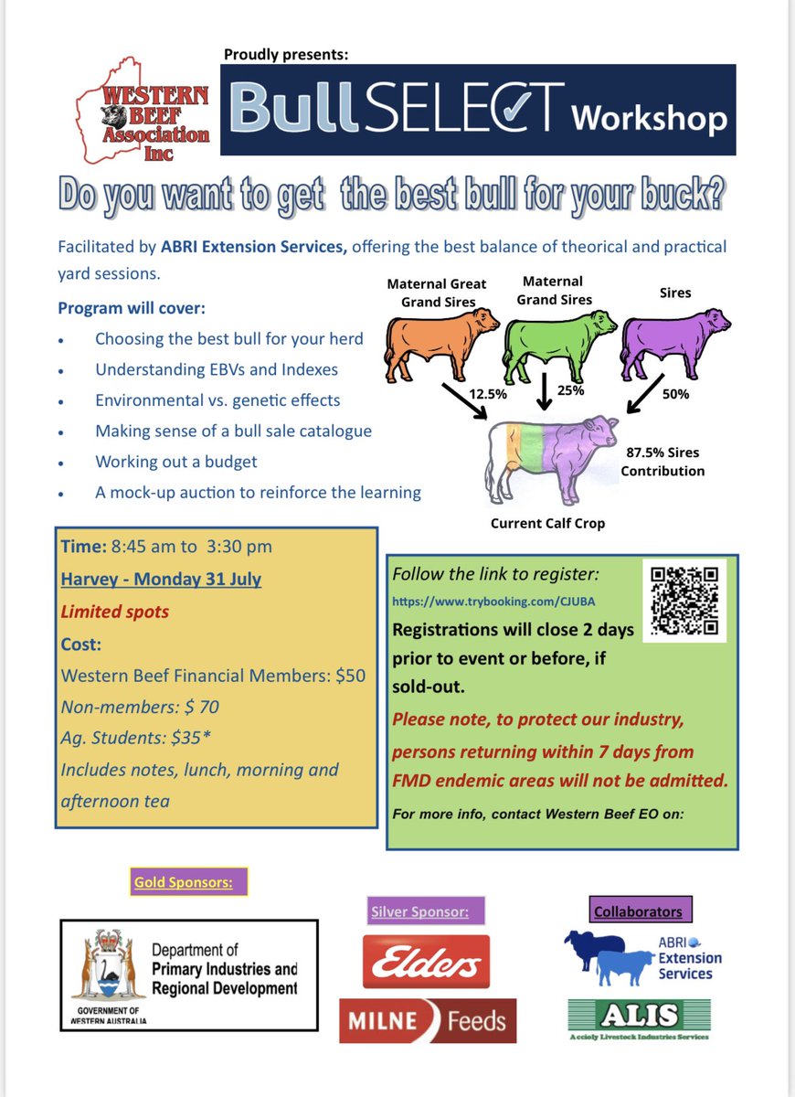 Bull Select at Harvey a interactive and fun way to learn about beef genetics and how to get the best Bull for your buck. Register here 👉 
trybooking.com/CJUBA <a href="/DPIRDbroadacre/">DPIRD Broadacre - WA Grains & Livestock</a> <a href="/EldersLimited/">Elders</a> <a href="/SBTSTBTS/">ABRI Extension Services</a>