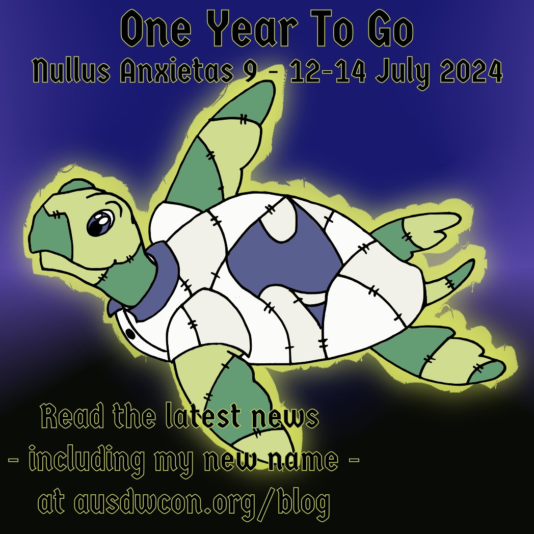 ausdwcon's tweet photo. One year to go... Nullus Anxietas 9 starts 12 July 2024. Get the latest news - including our mascot's new name, and how you can book accommodation - at https://t.co/vUXjgU4xf9 #discworld #terrypratchett #discworldconvention #ausdwcon #nullusanxietas https://t.co/I4Rwa4hDmd
