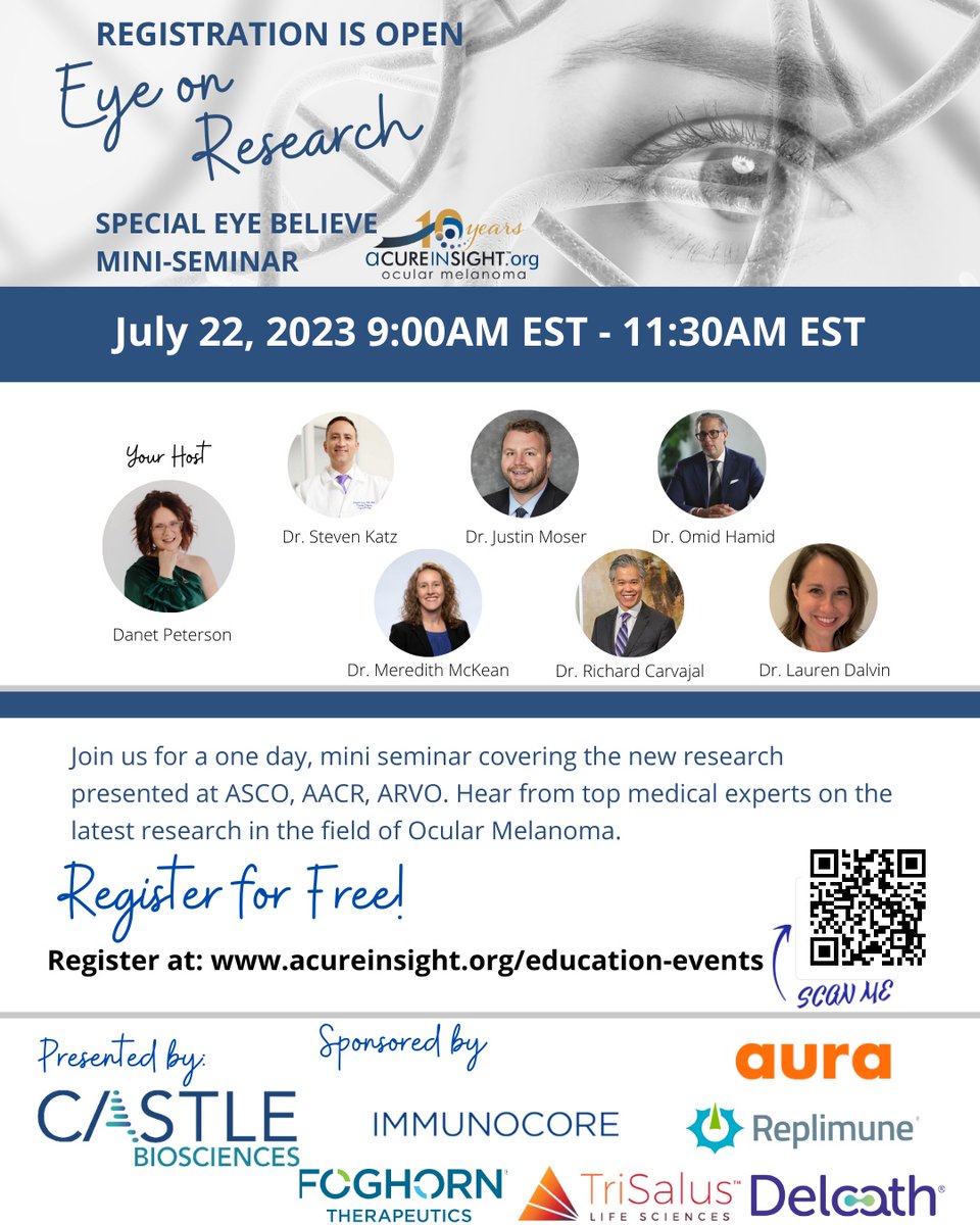 Ocular Melanoma @ACureInSight1 July 22 Seminar join us for up to date discussion on therapeutics. @HRInstitute_AZ @angelesclinic @SarahCannonDocs @MeredithMcKean @LADalvinMD @MayoClinicEye @Immunocore @foghorntx @CastleBio acureinsight.org/education-even…