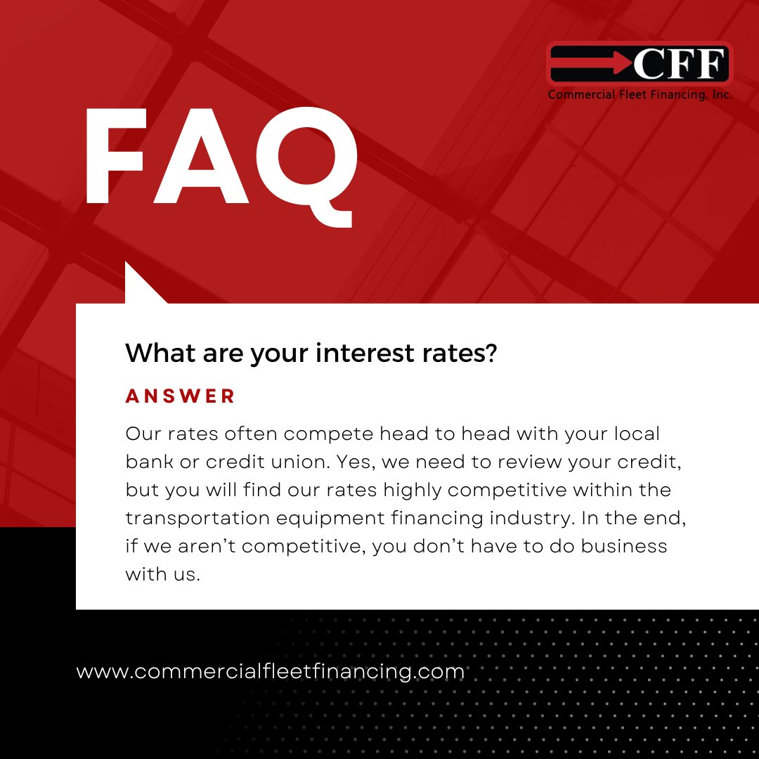 Curious about our interest rates? 📊💰 At Commercial Fleet Financing, we pride ourselves on offering highly competitive rates within the transportation equipment financing industry. 🚛💼

#commercialtruckfinance #truckfinancefaq  #usa #texas