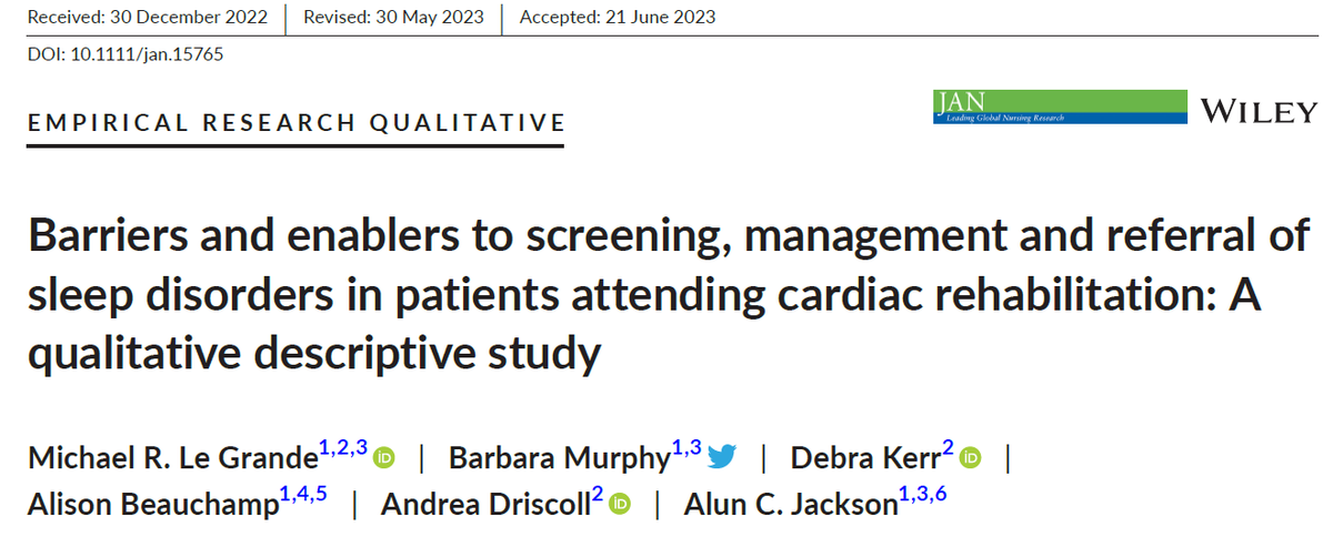 Nurses routinely screen for physical activity & diet, what about sleep? Our latest qualitative study @aushearthealth @drbarbmurphy @DeakinQPS published in @jadvnursing examines the pros and cons to screening for sleep disorders in cardiac rehab settings. onlinelibrary.wiley.com/doi/10.1111/ja…