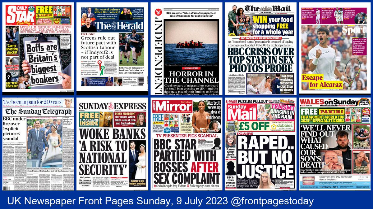 UK Newspaper Front Pages for Sunday, 9 July 2023. Find more front pages and thousands of newspapers from around the world at thepaperboy.com