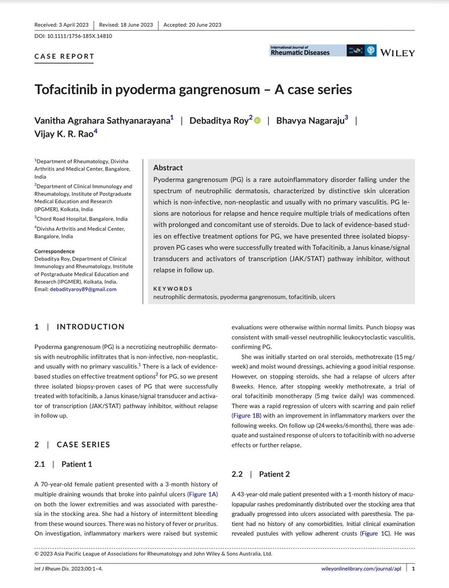 debaditya_roy's tweet photo. ✨️Published! 

🔥🔥Another one Hot Off the Press!

✨️✨️Happy to share our work on #Tofacitinib in #pyoderma #gangrenosum with a wonderful outcome in this latest publication in #IJRD

💫Thanks to @drvijaykrrao  for his guidance

🔗Check out &amp; share 👇🏻 https://t.co/NQOGjUK2eO https://t.co/ZT47wntq6k