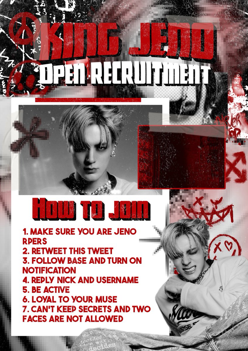 𝕭ehold the throne of 𝐊𝐉𝐍 kingdom! The gate stands open, inviting all Jeno rps to claim their place in the realm of kings. Step forward, embrace your destiny, and kindly reply with the format below.

𝗡𝗶𝗰𝗸 + 𝘆𝗼𝘂𝗿 @ + 𝘁𝗮𝗴 𝟱 𝗝𝗲𝗻𝗼 𝗿𝗽𝘀
📸 Proof turn on notif base