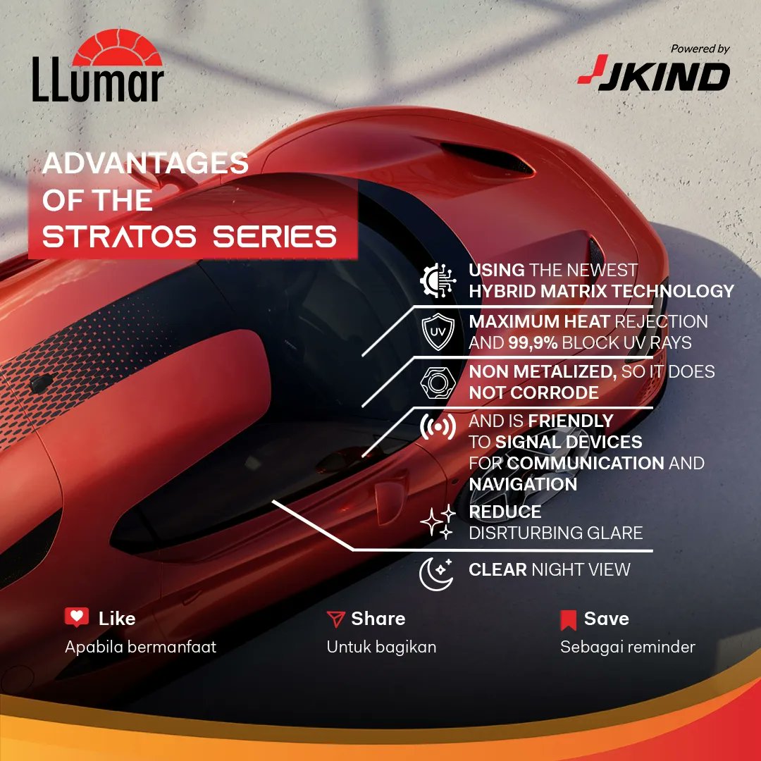 LLumarindonesia's tweet image. Discover the perfect pairing for your supercar – Stratos Series window film with hybrid matrix technology. Enhance your driving experience with advanced heat rejection, superior clarity, and a touch of undeniable class.

#LLumar #LLumarWindowFilm #LLumarindonesia #PoweredbyJKIND