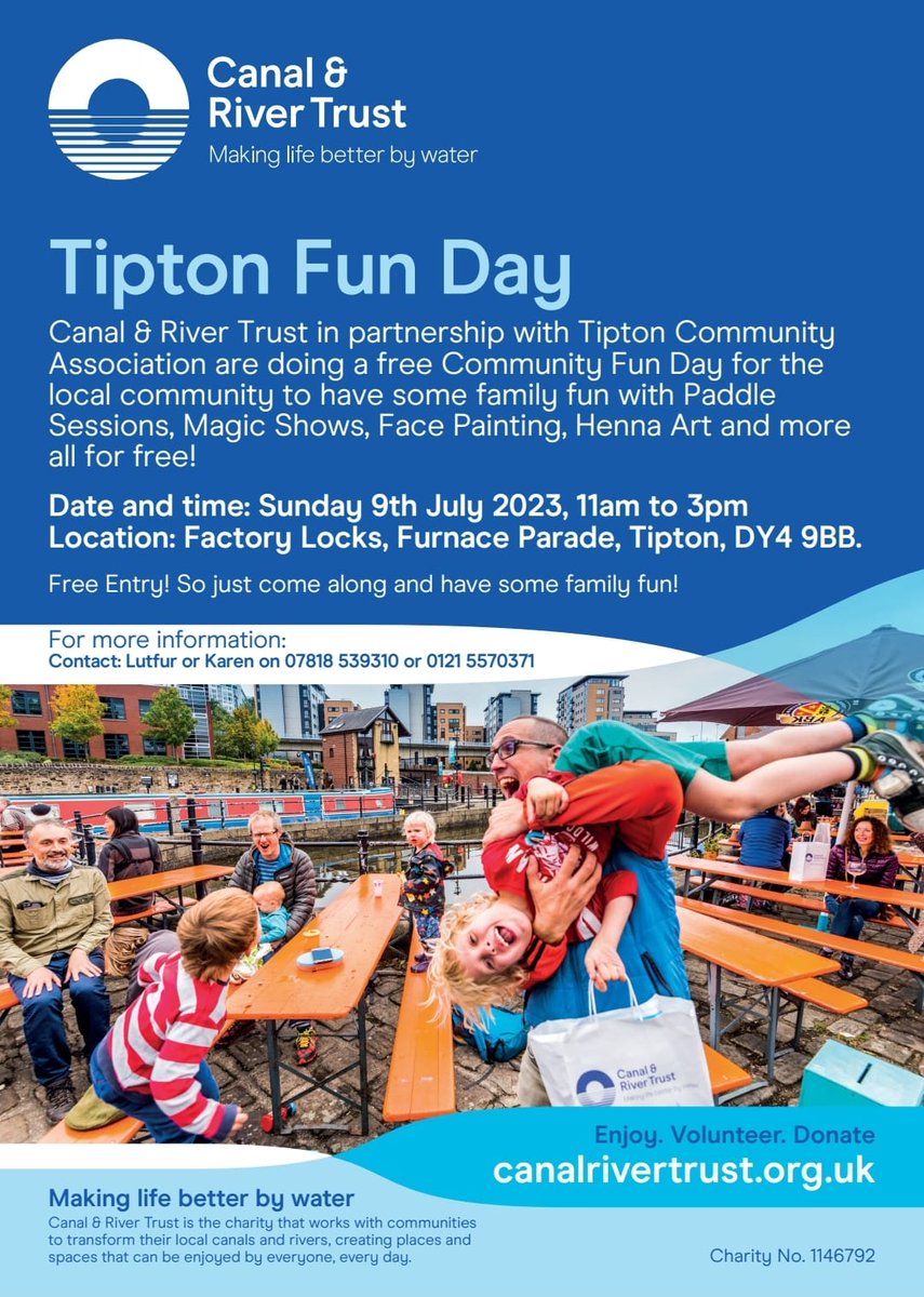 Looking for some inspiration on what to do today?

Join us for #TiptonFunDay at #FurnaceParade #FactoryLocks #Tipton DY4 9BB

FREE!

#paddling
#henna
#facepainting
#magicshows
#muchmuchmore
#tiptoncommunityassociation 
#canals

#letscelebrate 
@CRTWestMidlands
@CanalRiverTrust