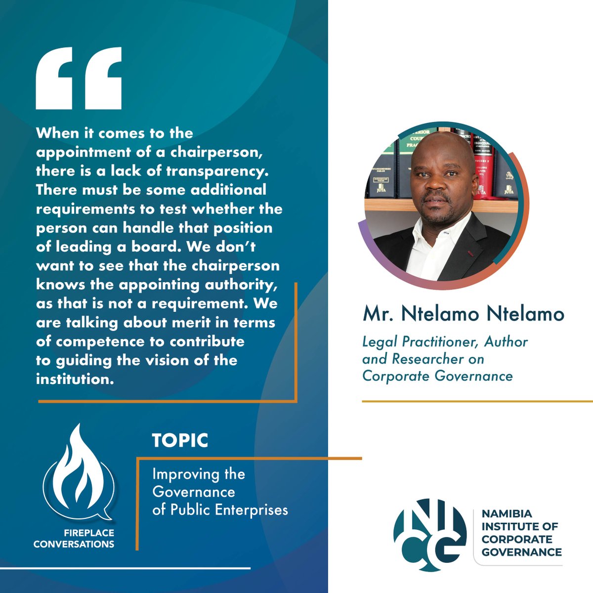 Namibia_NICG's tweet photo. Mr. Ntelamo Ntelamo sheds light on the need for transparency and additional requirements in the appointment of chairpersons during his insightful speech at Fireplace Conversations. He emphasises the importance of merit and competence over personal connections. https://t.co/8CI21jsGqs