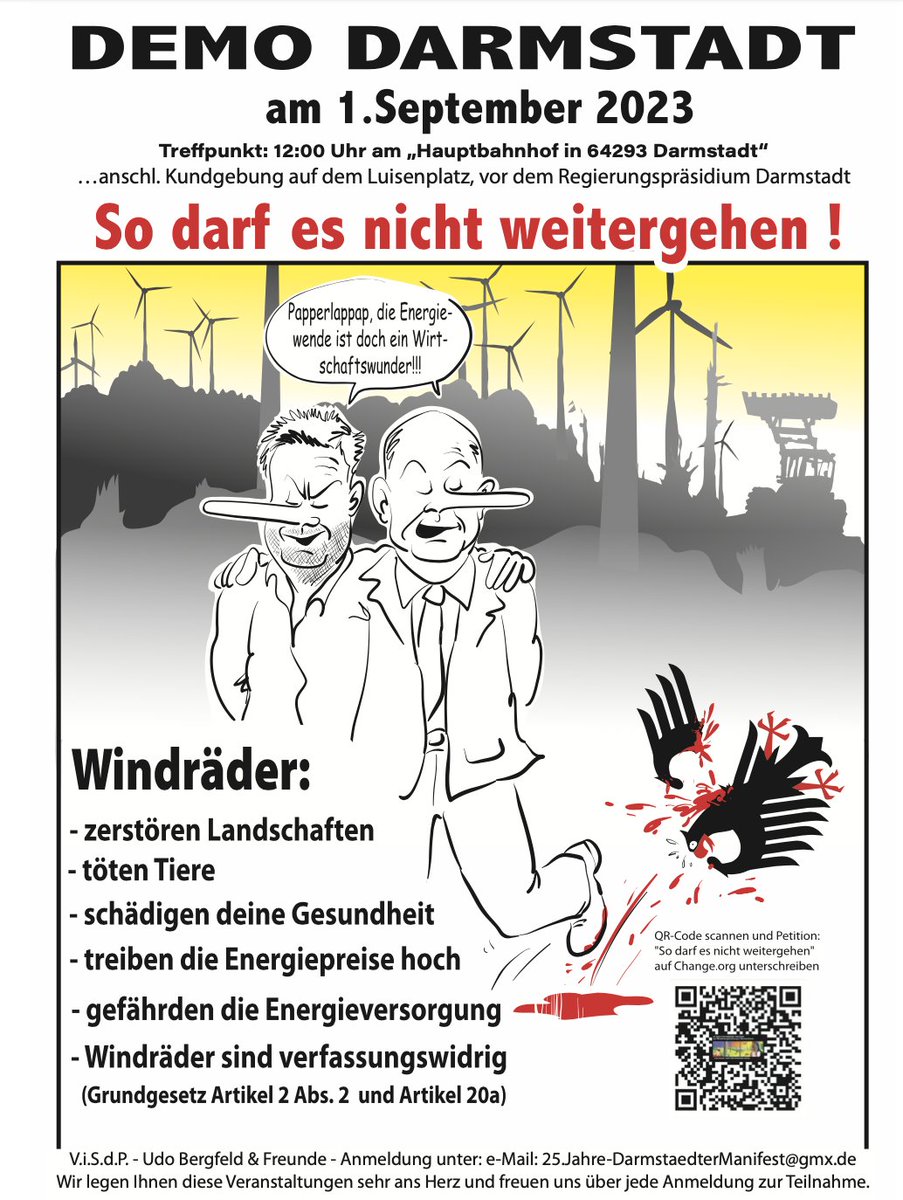DrRaih's tweet photo. Am 1. September 12 Uhr Darmstadt, Hauptbahnhof. Demonstration gegen die irrsinnige "#Energiewende" welche nicht funktioniert und gegen den #Windwahn. 20 Jahre #DarmstädterManifest!
„So darf es nicht weitergehen!” - Jetzt unterschreiben! https://t.co/ZqWsF4eQsp via @ChangeGER https://t.co/Fva2MR0XDB