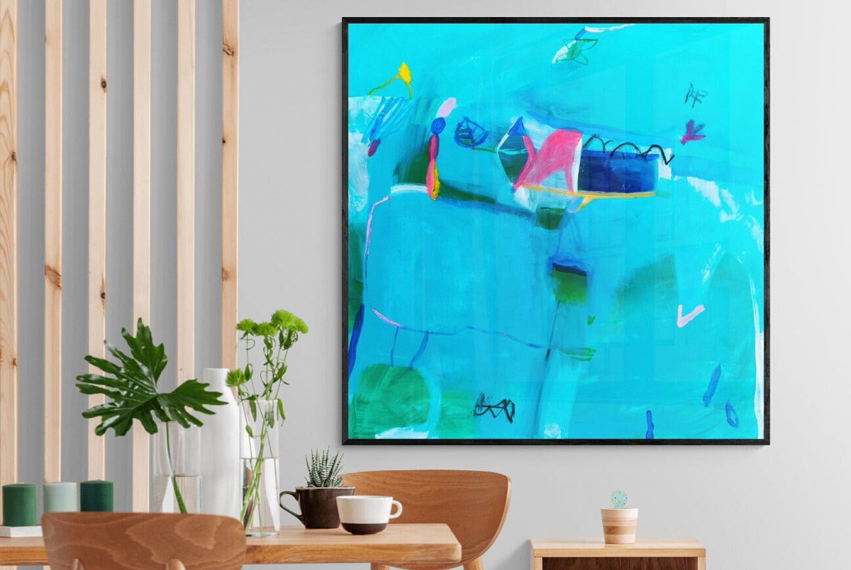 ocean blue abstract wall art, seascape coastal abstract painting colorful print for beach house, blue pink minimalist wall art print gift etsy.me/44eHYz1 #blue #abstractpainting #bluepinkart #framedwallart #livingroomdecor #pastelwallart #giftformom #painting