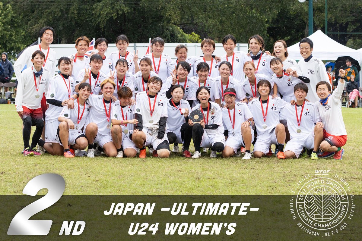 JapanFlyingdisc's tweet photo. 【WU24 2023】

WFDF2023世界U-24アルティメット選手権大会の全日程が終了し、日本代表は以下順位となりました。

たくさんのご声援ありがとうございました！

オープン部門：第5位／SOTG賞
ウィメン部門：準優勝
ミックス部門：第3位

#ultimate
#flyingdisc
#JAPAN
#U24
#アルティメット
#日本代表 https://t.co/nwzCmi017e