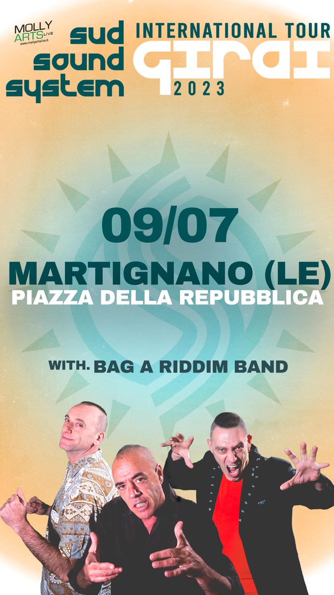 terronfabiosss's tweet photo. Questa sera a Martignano ( Le ) approda il Girai tour 2023 , @sudsoundsystem #bagariddimband
Live in concerto in piazza della Repubblica, Martignano…
Evento promosso dall’amministrazione comunale ad ingresso gratuito.
Vi aspettiamo !!!
#sudsoundsystem #bagariddim #live https://t.co/0ndvb9NWFU