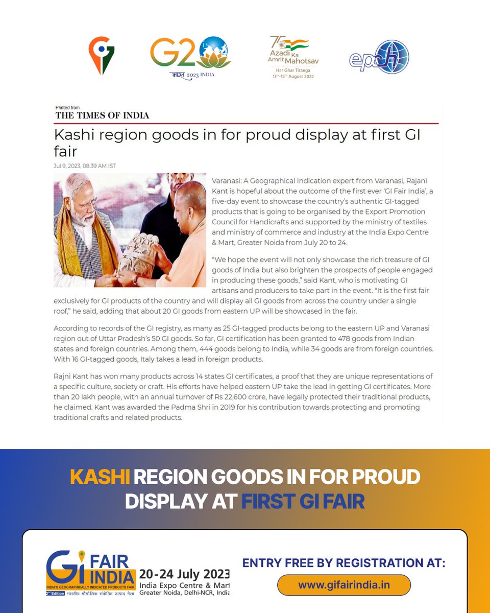 IndiaGIFair's tweet photo. Discover the rich heritage of the Kashi region at the First GI Fair! Join us on 20-24 July 2023 at India Expo Centre &amp; Mart, Greater Noida Expressway, 

Register at:
https://t.co/EbVI5QrWMR
@nabardhabba @texminindia @india_deptofcommerce @handicraftsdc @dchandlooms https://t.co/xZOzoHfv5o