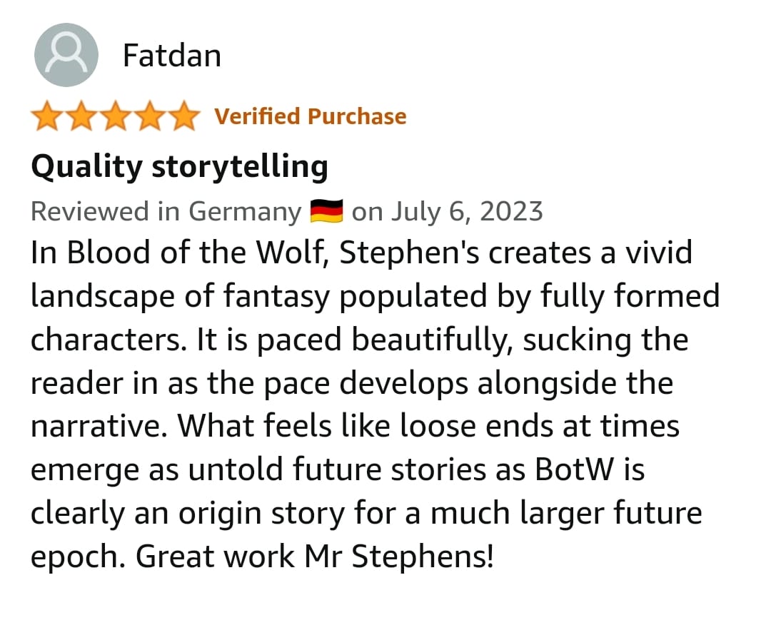 Another lovely review for Blood of the Wolf. The reviewer correctly guesses that there are other books in the series. I've planned five. But first I need more reviews to drive sales! If you've read it and liked it, write a few kind words about it.