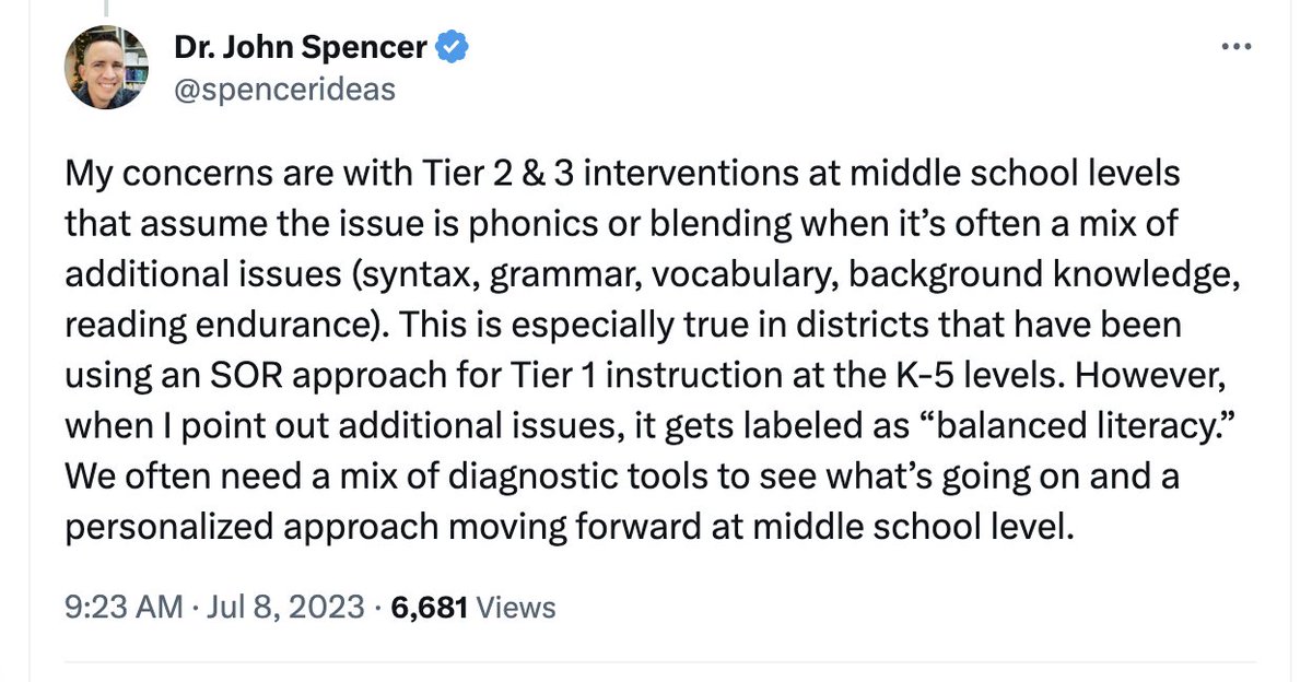Doctor John had a great concern and question about tiers 2 and 3 levels of reading intervention in middle school. 

We need to talk more about this. 

See my answer in the below thread.
 
13/13