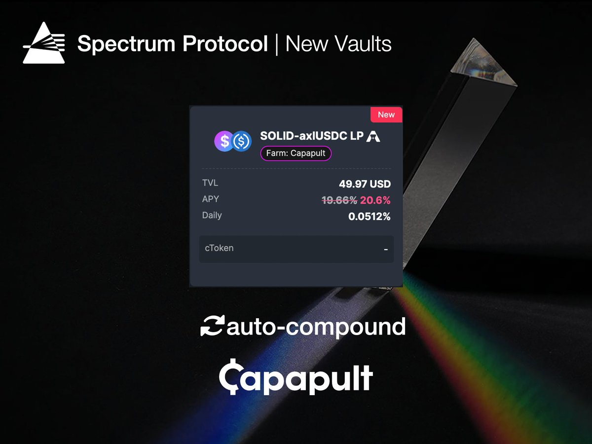 SpecProtocol's tweet image. The @capapult SOLID-axlUSDC vault is now available on Spectrum Protocol. 
Auto-compound your LP at terra.spec.finance