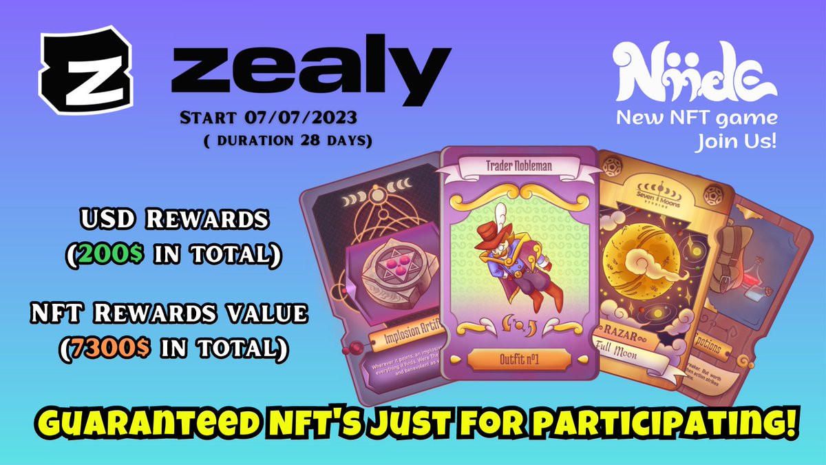 Join and participate in the prize ranking accessible to everyone while discovering the new NFT Old School game. Guaranteed prizes!

zealy.io/c/niide/invite…

#NFTGiveaway #ZealyCampaign #NFTPrizes #GameGiveaway #ZealyContest #NFTCollectors
#GamingRewards #ZealyCommunity
#NFTGaming