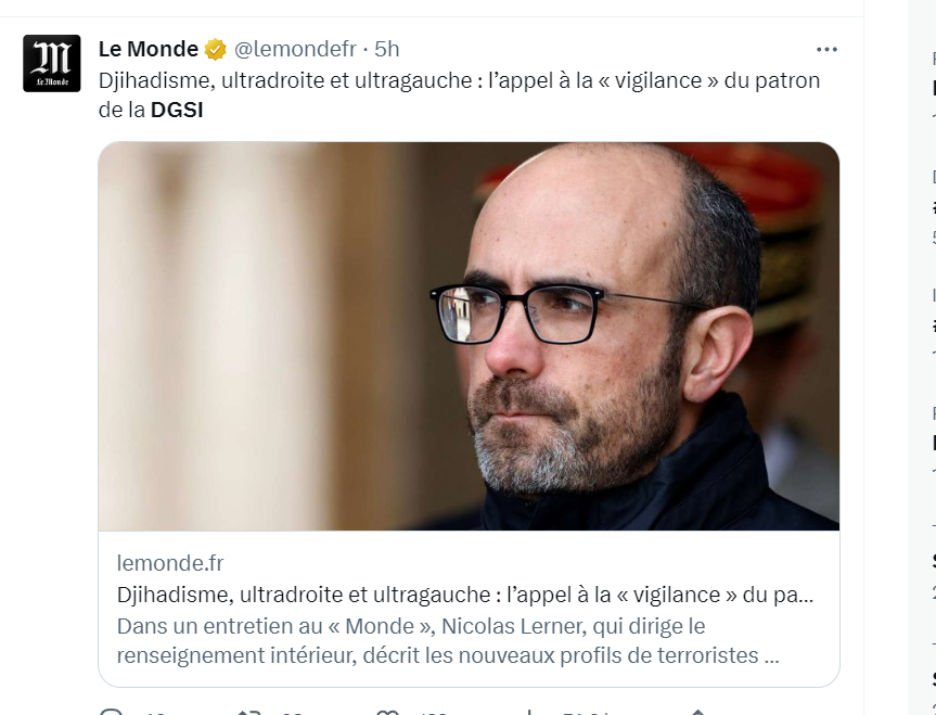 F_Desouche's tweet photo. Le patron de la DGSI pointe du doigt trois menaces : le djihadisme, l'ultra-gauche et l'ultra-droite. L'AFP réécrit l'interview et n'en retient que l'ultra-droite. Toute la presse reprend cette version. https://t.co/xzqd1dA48E