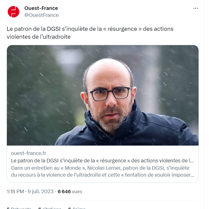 F_Desouche's tweet photo. Le patron de la DGSI pointe du doigt trois menaces : le djihadisme, l'ultra-gauche et l'ultra-droite. L'AFP réécrit l'interview et n'en retient que l'ultra-droite. Toute la presse reprend cette version. https://t.co/xzqd1dA48E